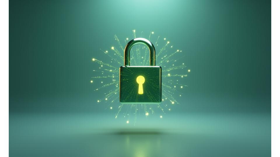 Digital padlock icon surrounded by abstract secure network lines