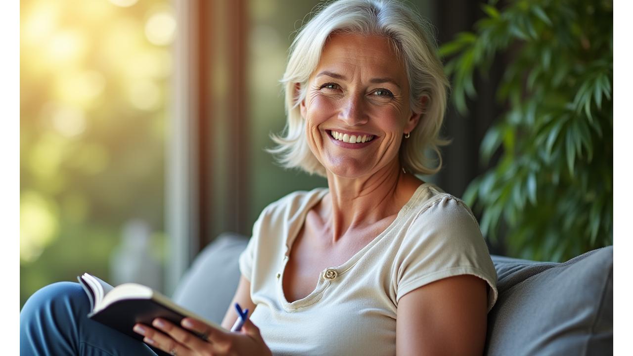 Woman over 35 smiling, looking confident, holding a journal and a pen, with soft natural light