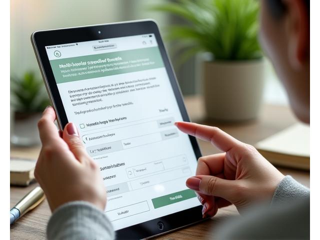 Woman filling out a digital wellness assessment form on a tablet, looking thoughtful