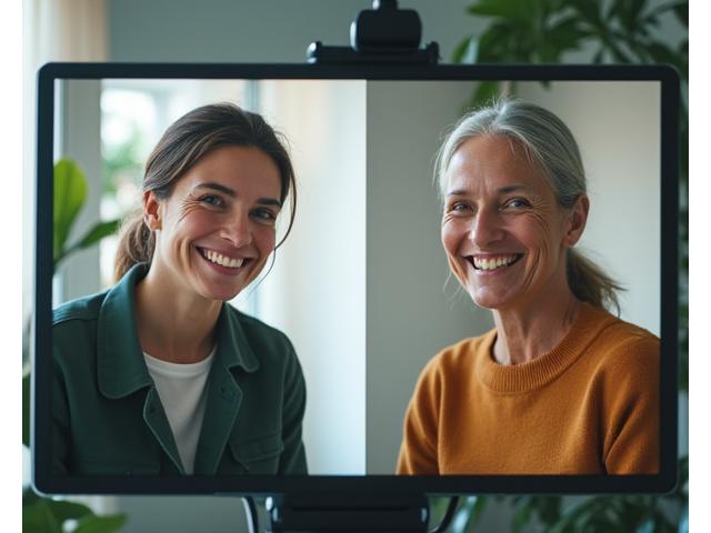 Virtual coaching session in progress, showing a coach and client interacting warmly on screens
