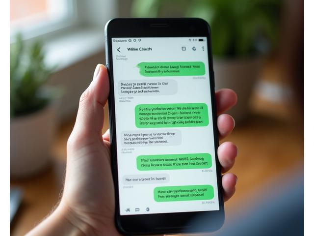 Smartphone showing a text message conversation between a client and their wellness coach for ongoing support