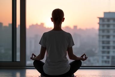 Person meditating calmly in a serene, natural setting