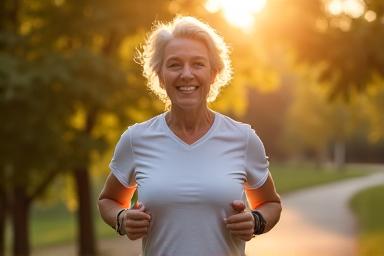 Woman over 40 looking happy and energetic after weight loss, running outdoors for exercise