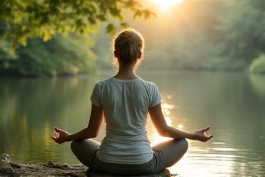 Woman over 40 practicing yoga in nature, serene and balanced